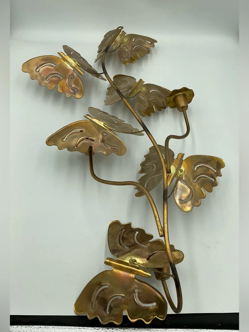 Vtg MCM Metal Art Brass Butterflies Wall Hanging 3 Candle Sconces 24” x 11” EUC